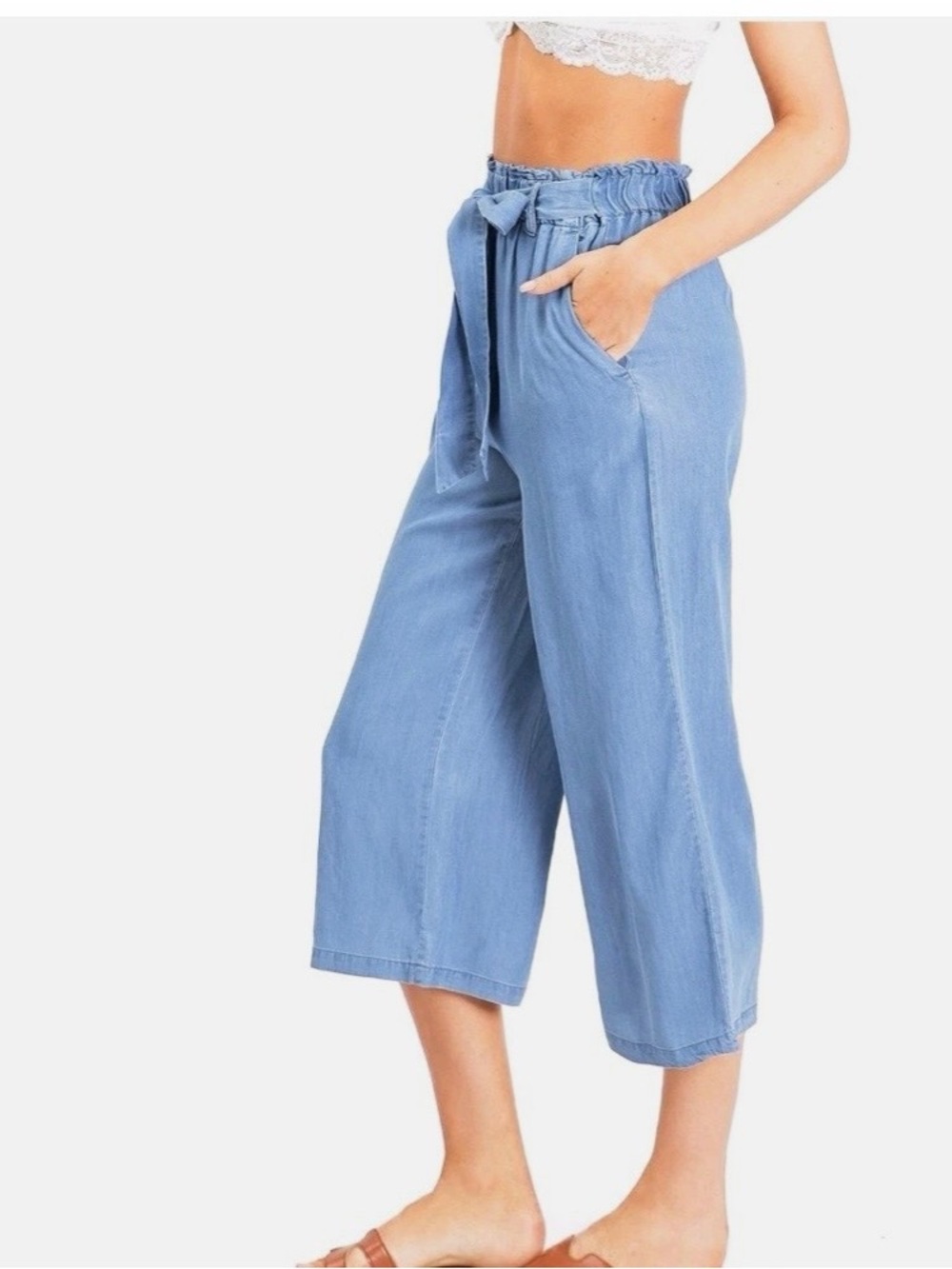 Love Tree Slate Blue Wide-Leg Paperbag Waist Culotte crop Pants